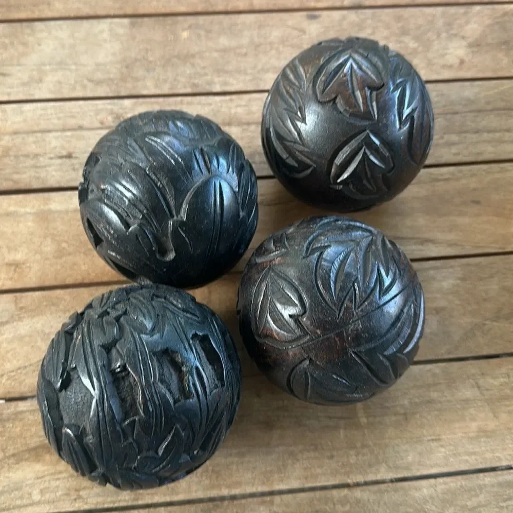 Pier 1 Wooden Hand Carved Set of 4 Decorative Balls